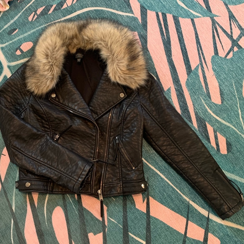 Topshop Leather Jacket with Removable Faux Fur Trim